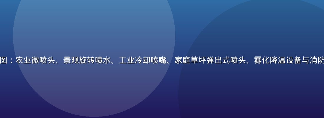 六种喷水设备场景对比图：农业微喷头、景观旋转喷水、工业冷却喷嘴、家庭草坪弹出式喷头、雾化降温设备与消防喷水头，画面专业丰富